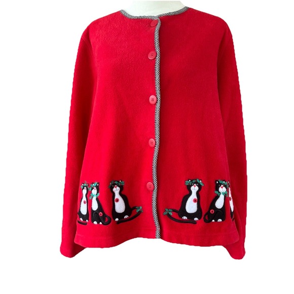 Vintage Christmas Cats Fleece Cardigan Women's Large Red Granny Core Casual 90s - Picture 1 of 7